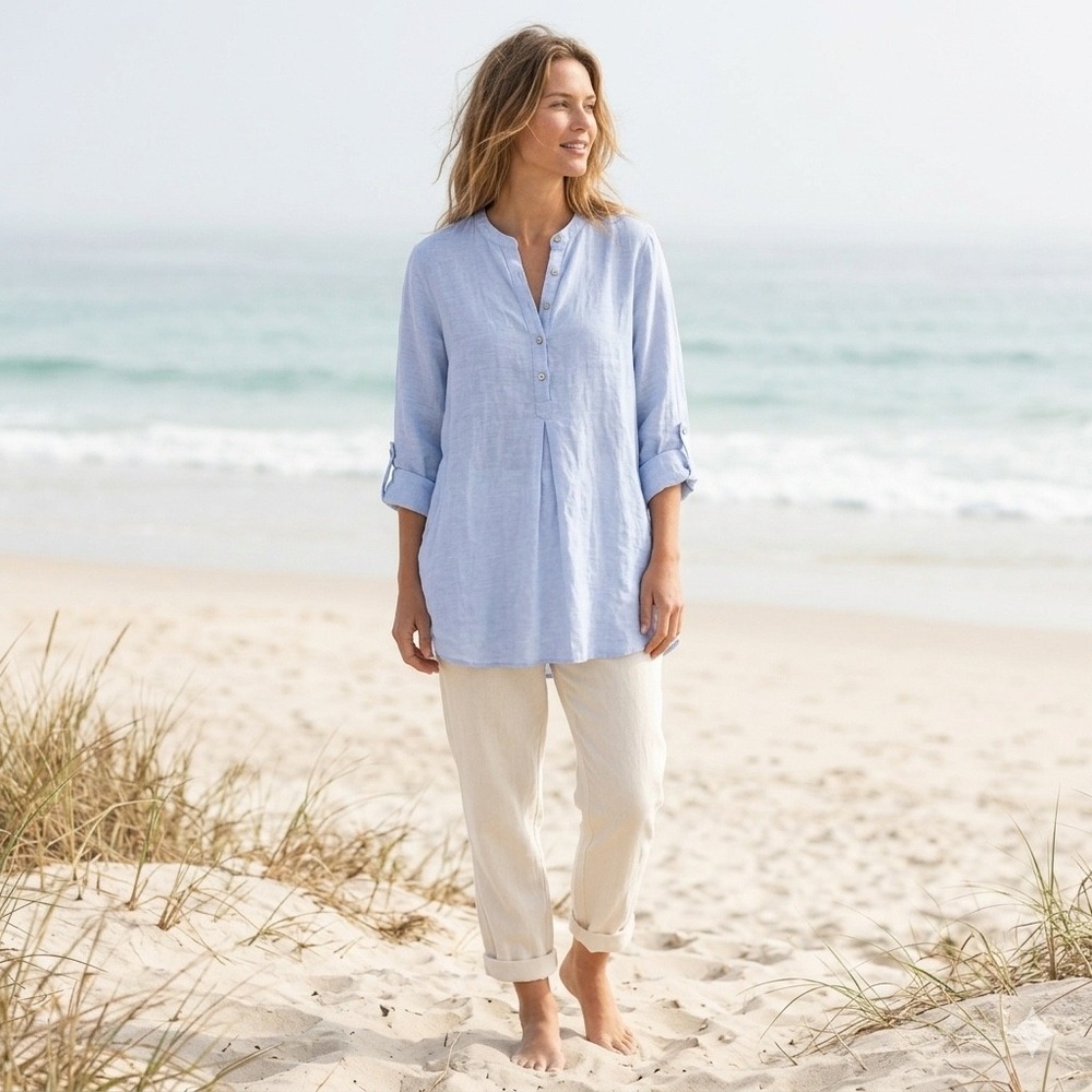 Sigrid Olsen Linen Tunic Women 2X Blue Roll Tab Sleeve Coastal Lagenlook